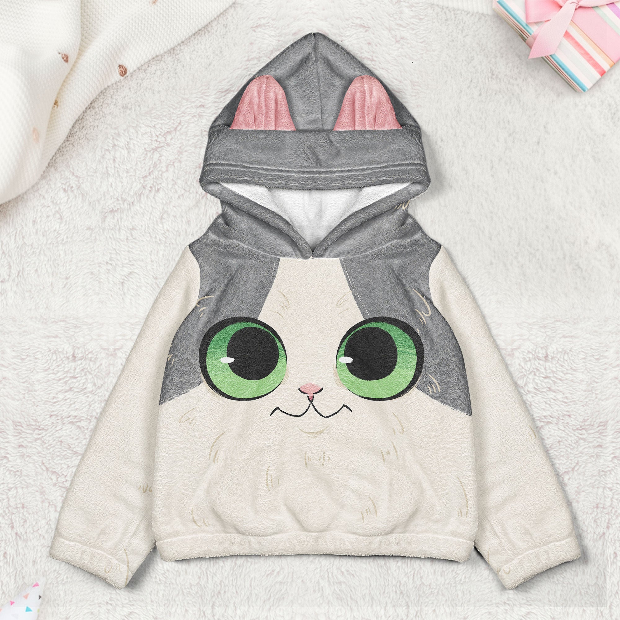 Cute Cat Gift For Daughter - Personalized Kid Fleece Hooded Sweatshirt With Ears