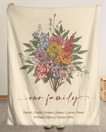 Family Boho Birth Flower Bouquet Flowers Gift For Mom, Grandma, Family - Personalized Blanket Big Size