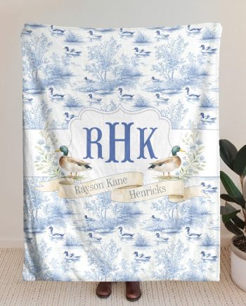 Mallard Duck Monogram Toile De Jouy Gift For Kid - Personalized Blanket Big Size